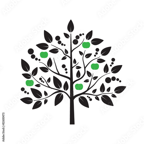 Decorative vector tree with green apples on white background