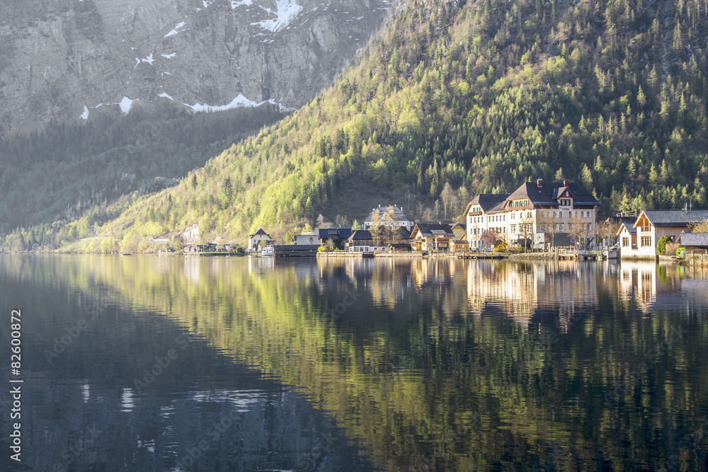 Hallstatt town with traditional wooden houses