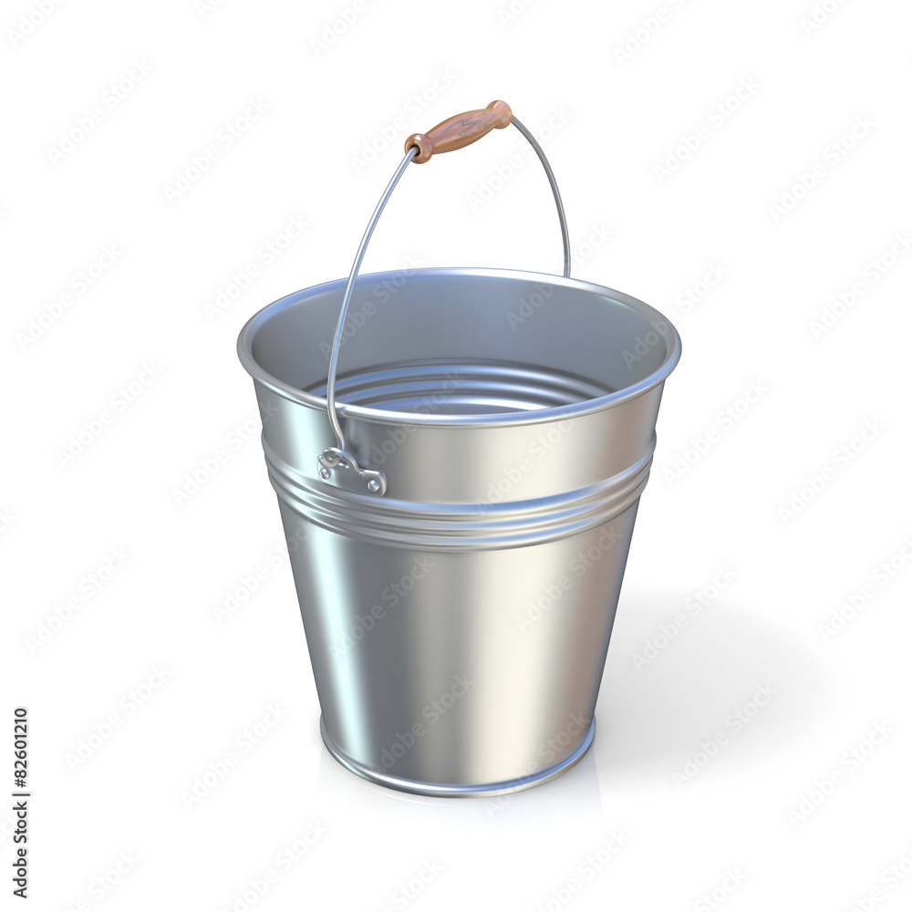 Metal bucket isolated on a white background. Raised handle Metal bucket isolated on a white background. Raised handle