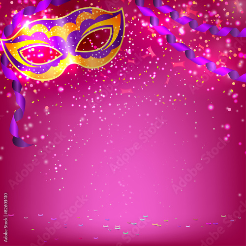 Pink banner with theatrical carnival mask. Design your theater c