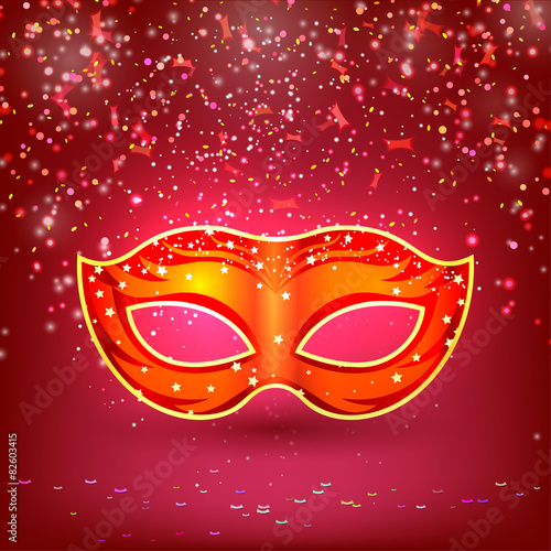 Red banner with theatrical carnival mask. Design your theater cu