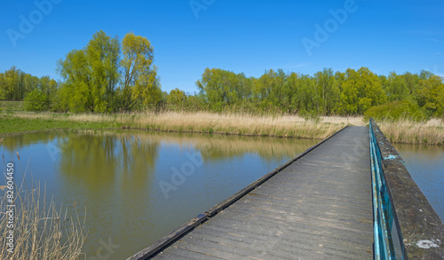 Wooden bridge over a sunny canal in spring