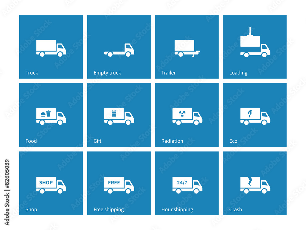 Commercial delivery truck icons on blue background. Commercial delivery truck icons on blue background.