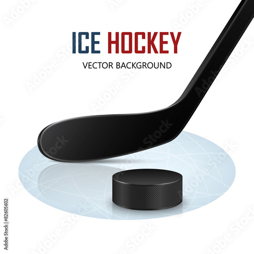 Ice hockey stick and puck on rink. Vector background.