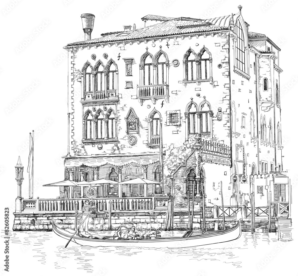 Venice - Grand Canal. Ancient building & gondola