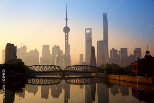 Shanghai skyline at sunrise with Waibaidu bridge  China