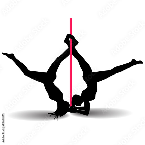 Two Pole dancers with long and short hair  on the pole  isolated