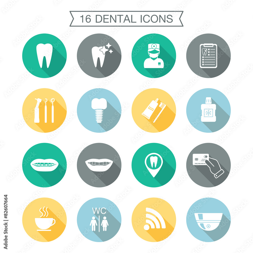 Set of dental icons with shadow. White. Flat design. vector Set of dental icons with shadow. White. Flat design. vector