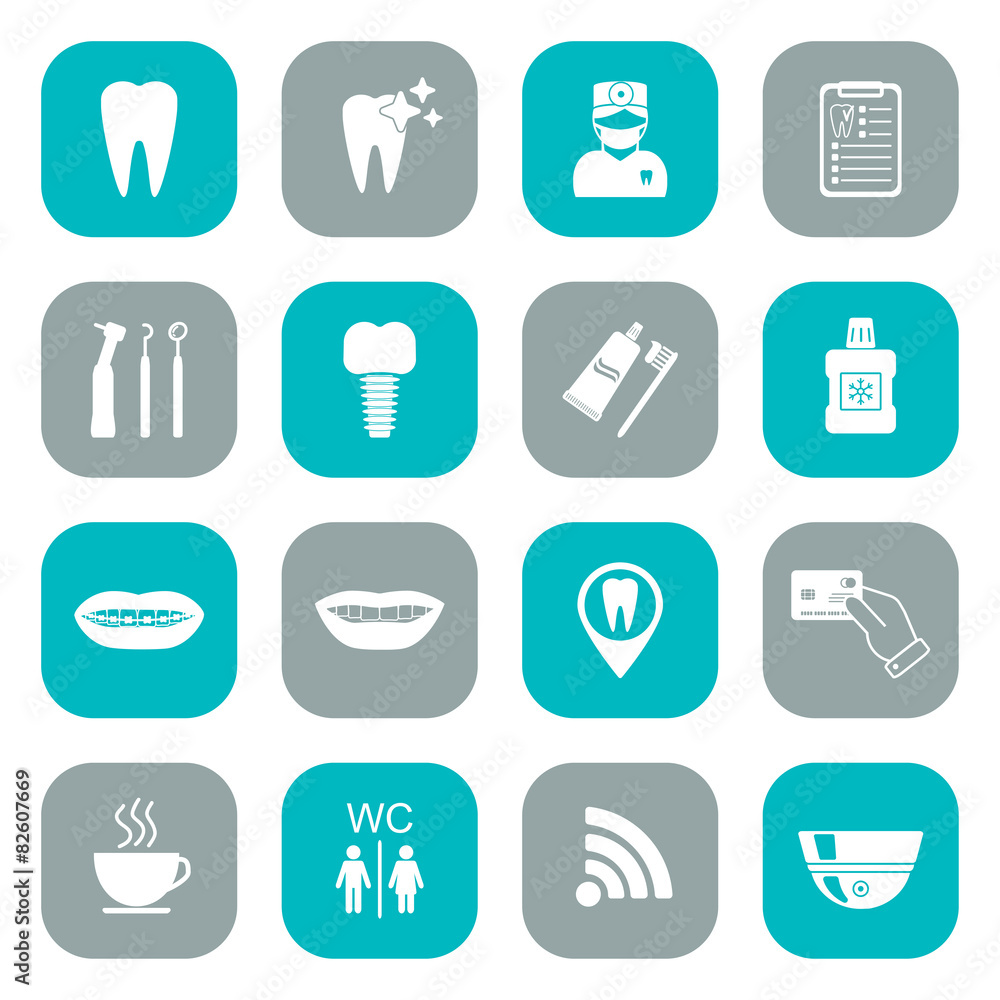 Set of dental icons. White. Flat design. vector