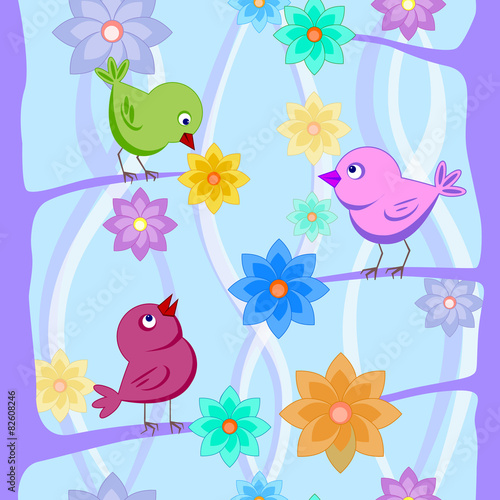 colored birds on a blue forest