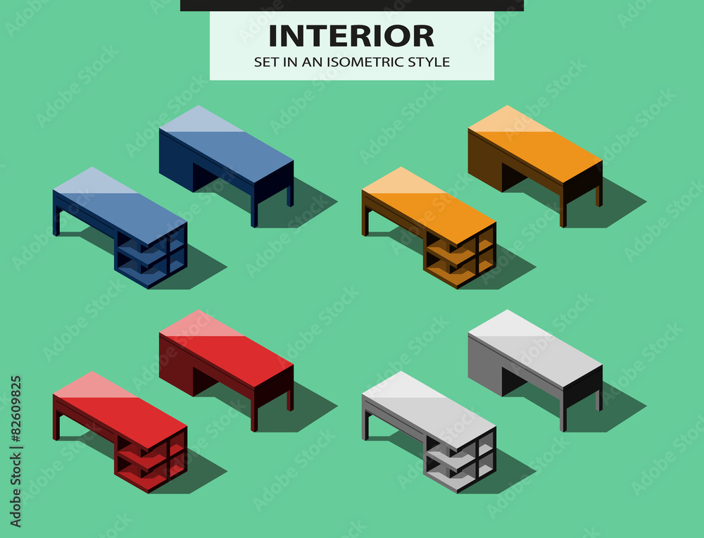 Set of office tables in isometric style