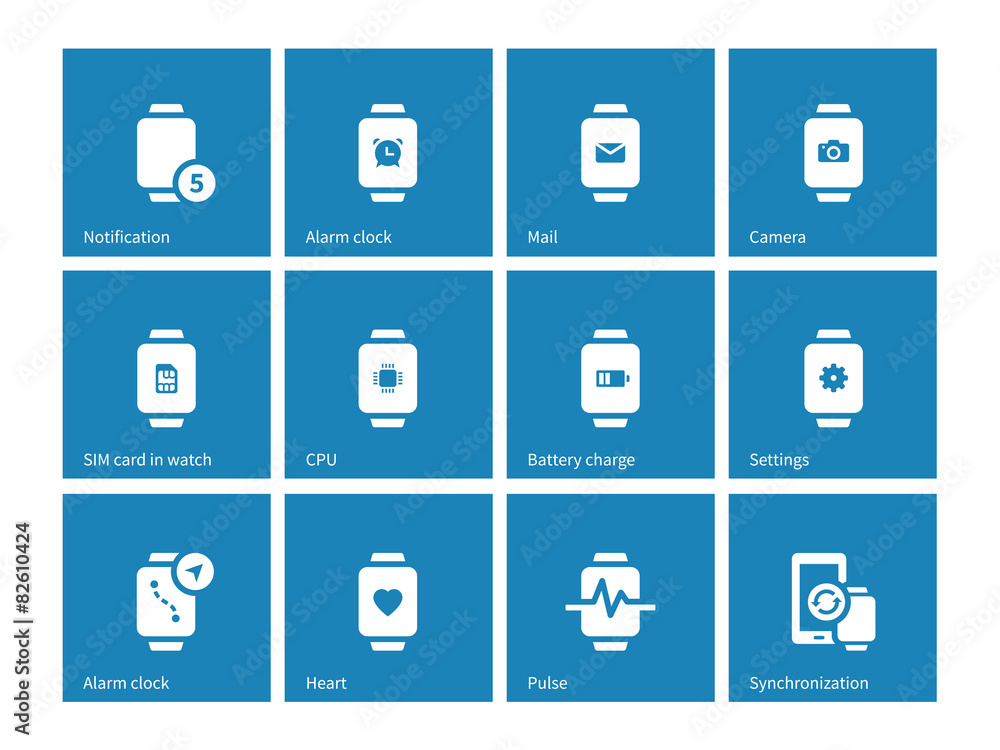 Alarm clock, mail in smart watch icons on blue background. Alarm clock, mail in smart watch icons on blue background.