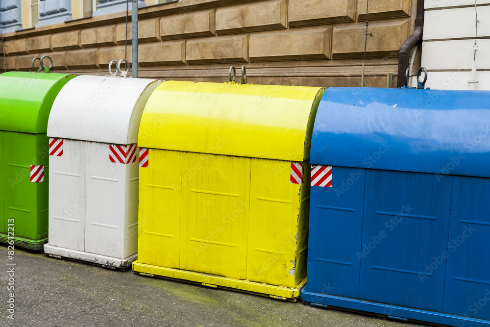 Trash bins for waste. Segregation and recycling. Trash bins for waste. Segregation and recycling.