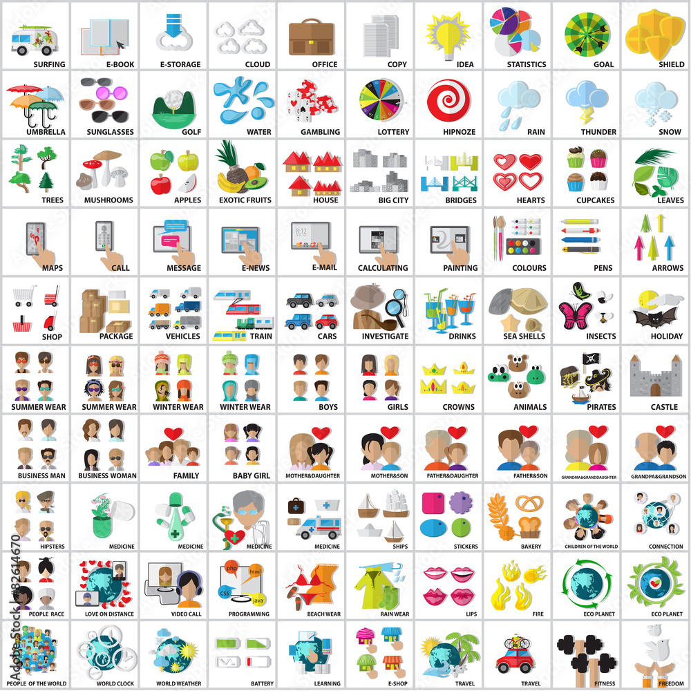 Flat Icons Set: Vector Illustration, Graphic Design. Collection Of Colorful Icons. For Web, Websites, Print, Presentation Templates, Mobile Applications And Promotional Materials Flat Icons Set: Vector Illustration, Graphic Design. Collection Of Colorful Icons. For Web, Websites, Print, Presentation Templates, Mobile Applications And Promotional Materials