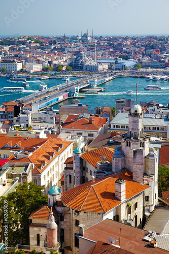 The view from Galata Tower to Galata Bridge with the old houses