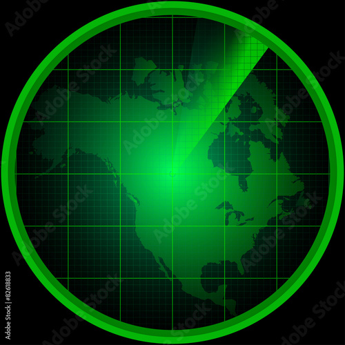 Radar screen with a silhouette of North America
