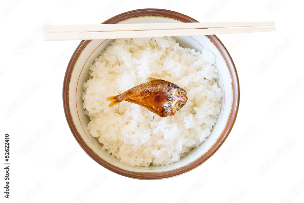 rice in a bowl and fish on top rice in a bowl and fish on top