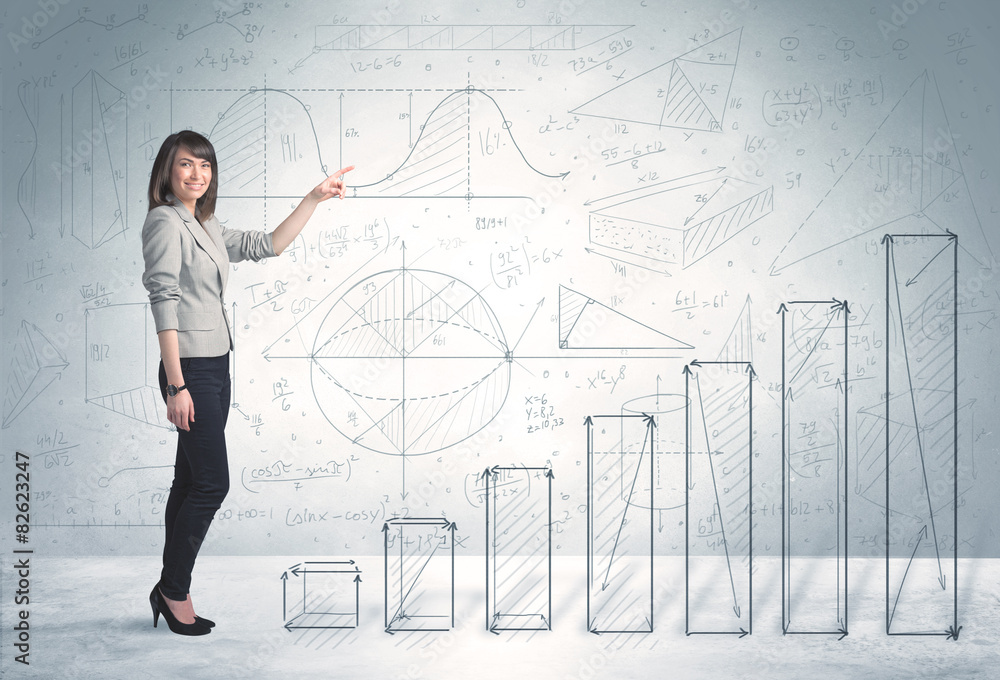Business woman climbing up on hand drawn graphs concept Business woman climbing up on hand drawn graphs concept