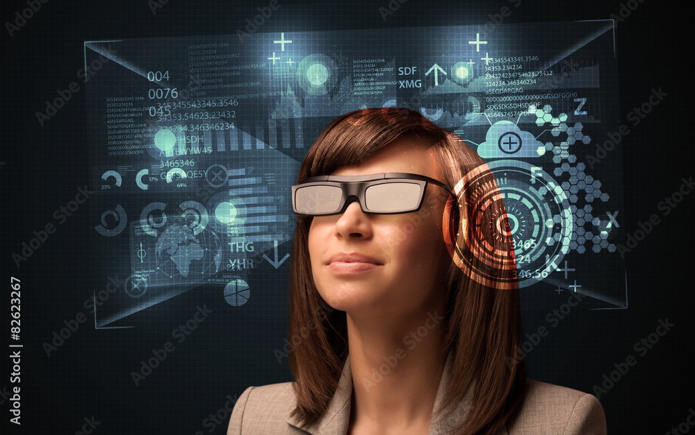 Young woman looking with futuristic smart high tech glasses Young woman looking with futuristic smart high tech glasses