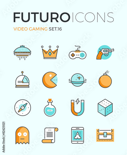 Indie gaming futuro line icons