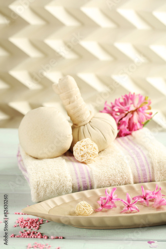 Beautiful spa composition with hyacinth flowers, close up