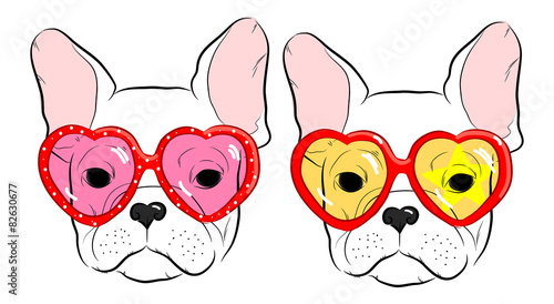 set of cute muzzle French Bulldog in heart glasses