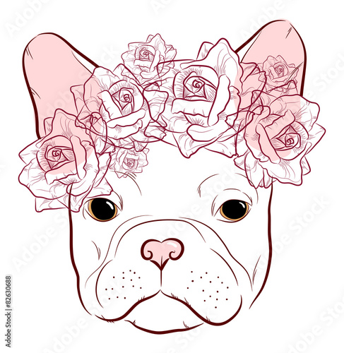 cute muzzle French Bulldog with a wreath of roses
