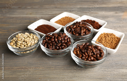 Coffee beans in saucers on wooden background