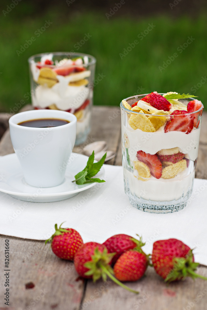breakfast -coffe and cheese, strawberry, banana, cornflakes breakfast -coffe and cheese, strawberry, banana, cornflakes