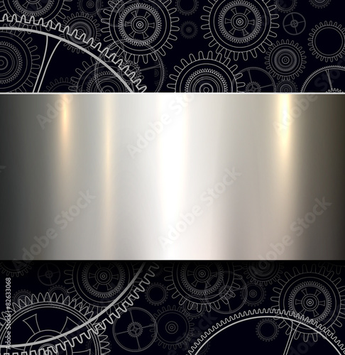 Background with technology gears and metallic shiny banner