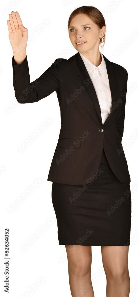 Business woman holds his right hand aloft. white background Business woman holds his right hand aloft. white background
