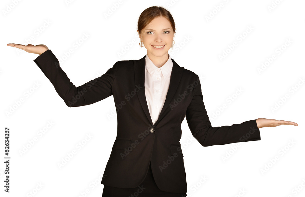 Business woman is holding her hands to the sides. white Business woman is holding her hands to the sides. white