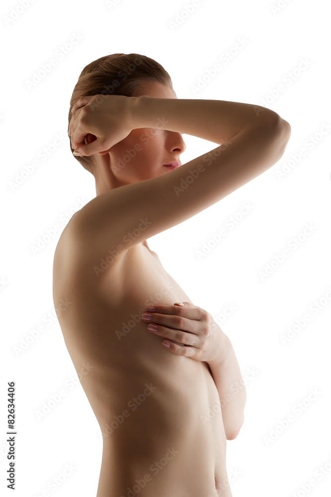 Nude woman covers her breast. Mammalogy concept Nude woman covers her breast. Mammalogy concept