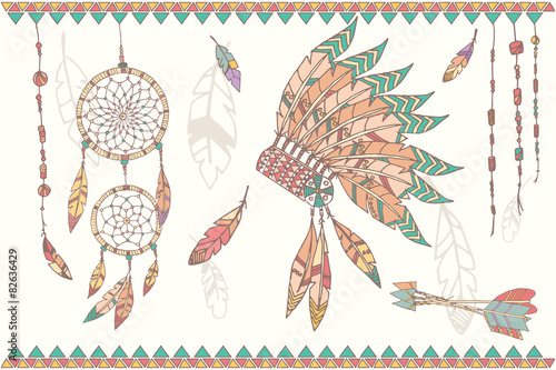 Hand drawn native american dream catcher, beads and feathers
