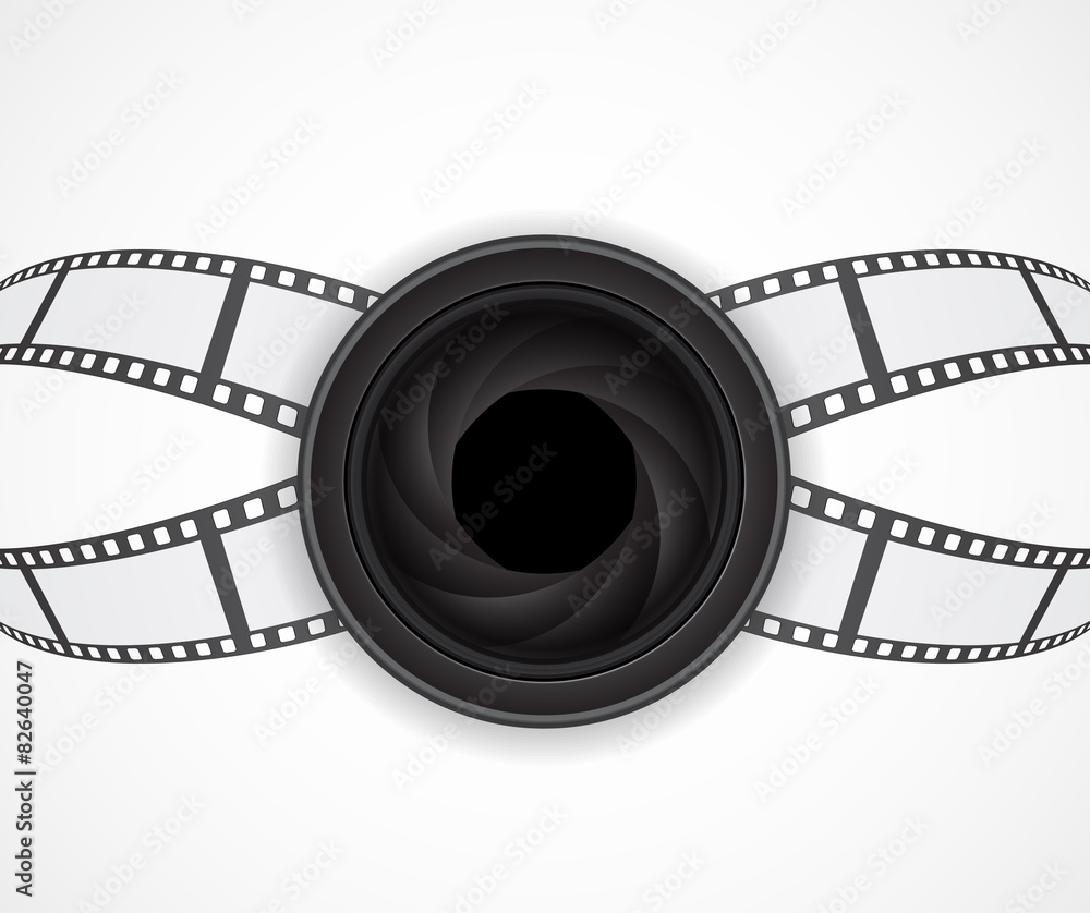 camera lens icon with film strip abstract background