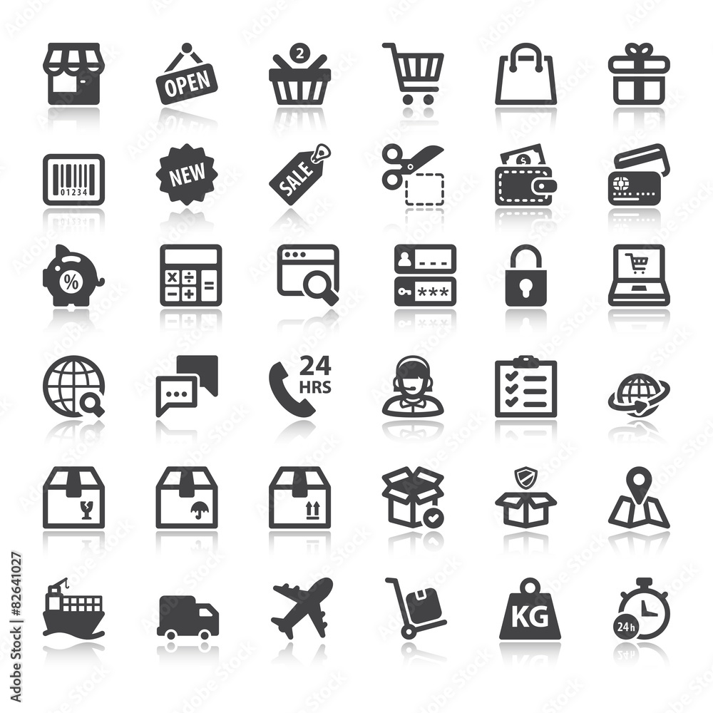 Shopping online flat icons with reflection