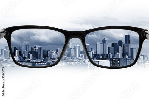 business city seen through the eyepieces