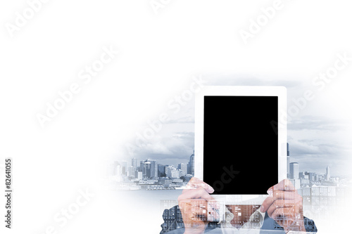 double exposure and tablet in hands as head