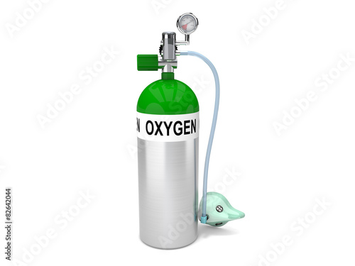Fotografia oxygen tank with face mask and pressure gauge isolated on white