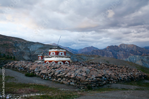 Ancient Bon stupa and mani stones in Dolpo, Nepal.  photo