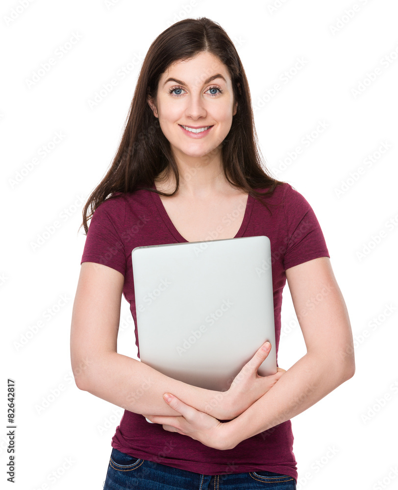 Caucasian woman hold with laptop computer Caucasian woman hold with laptop computer