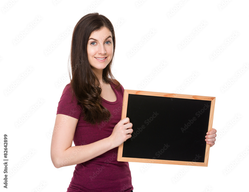 Brunette woman show with chalkboard Brunette woman show with chalkboard