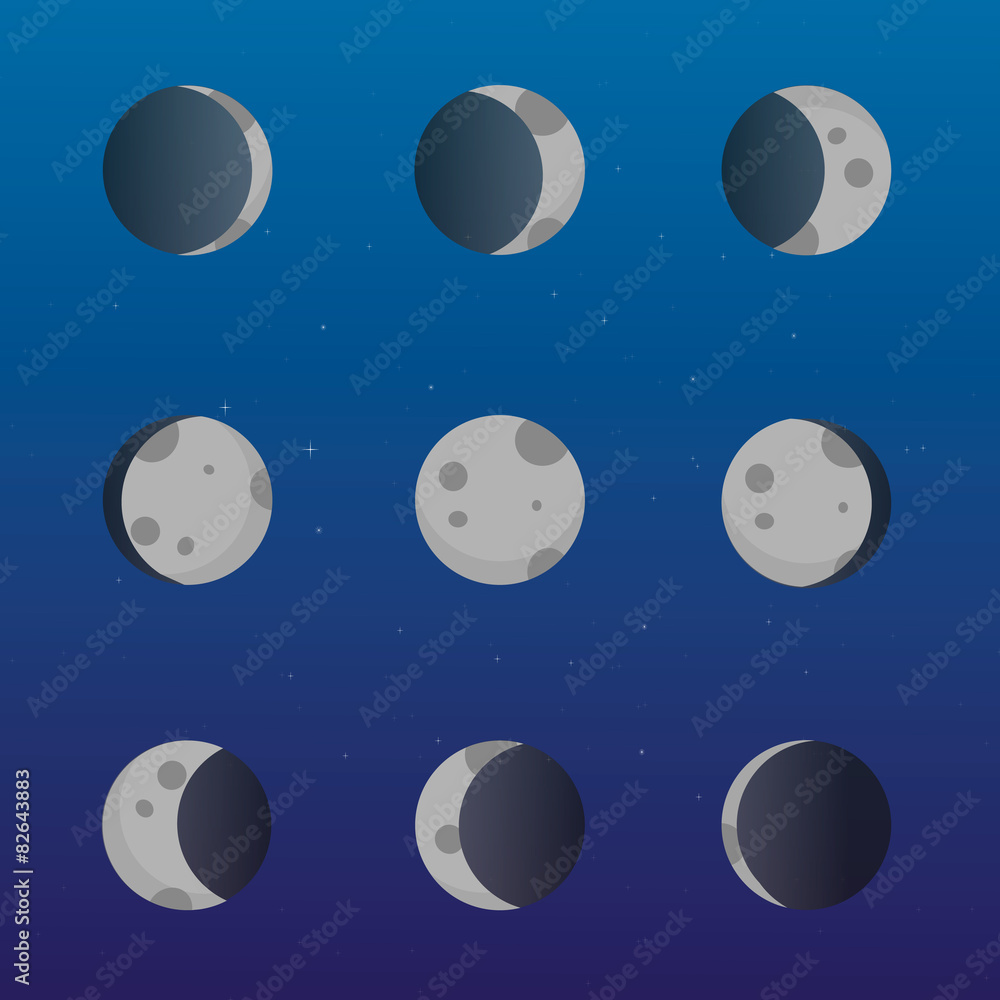 Moon phases, lunar phase, full moon, new moon, crescent, stars Stock