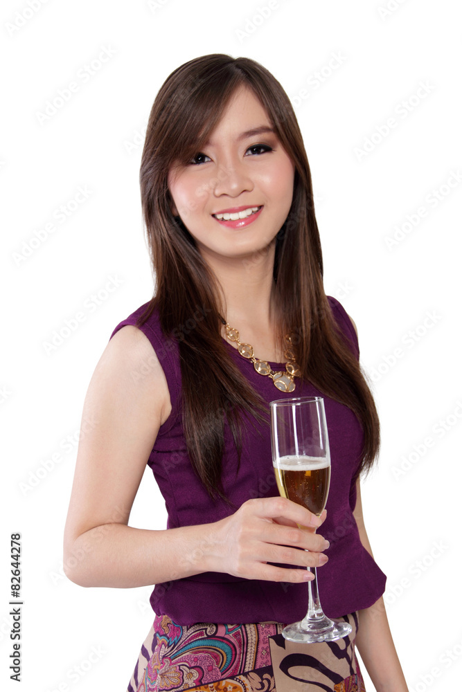 Happy Asian woman hold champagne glass, isolated on white Happy Asian woman hold champagne glass, isolated on white