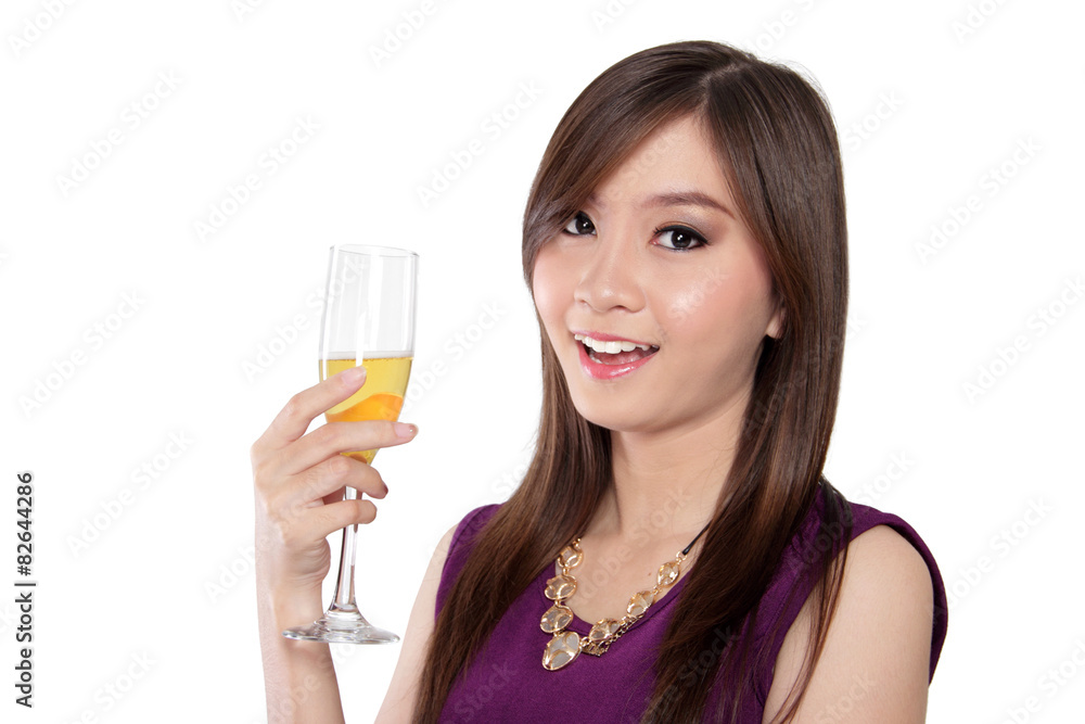 Cute Asian woman hold champagne glass, isolated on white Cute Asian woman hold champagne glass, isolated on white