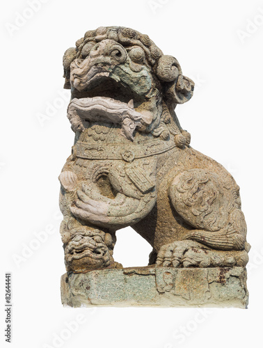 Chinese lion carved out of rock isolated with white background