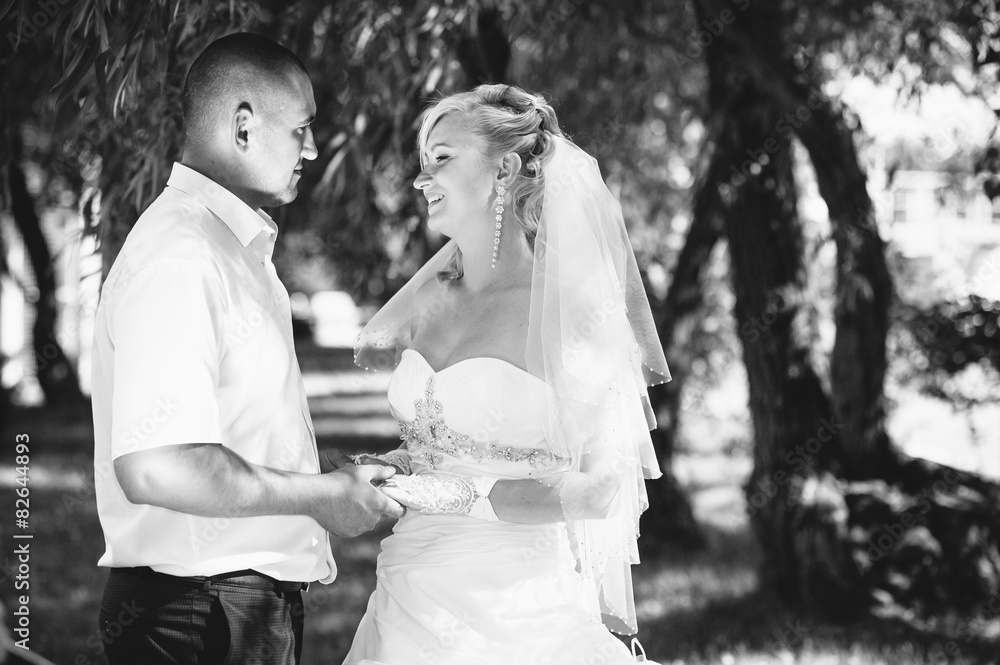 Bride and Groom at wedding Day walking Outdoors on spring nature Bride and Groom at wedding Day walking Outdoors on spring nature