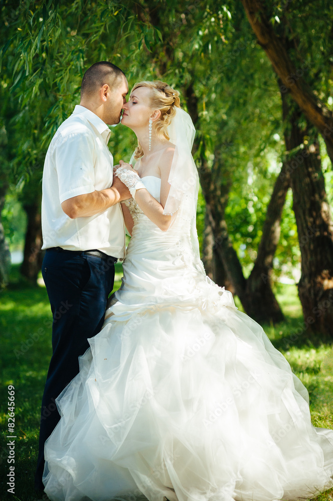 Bride and Groom at wedding Day walking Outdoors on spring nature Bride and Groom at wedding Day walking Outdoors on spring nature