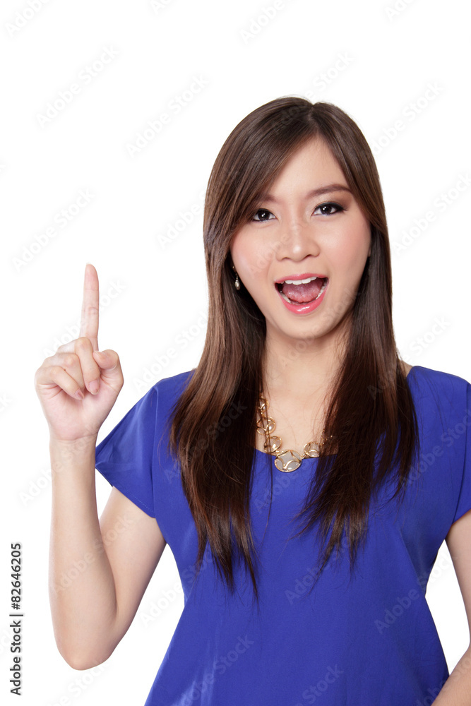 Surprised woman with pointed up finger, isolated on white Surprised woman with pointed up finger, isolated on white
