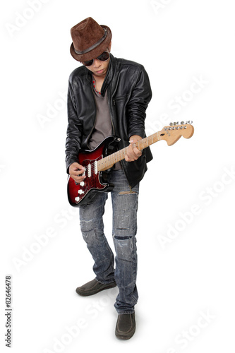 Blues guitarist playing his cool solo, isolated on white photo